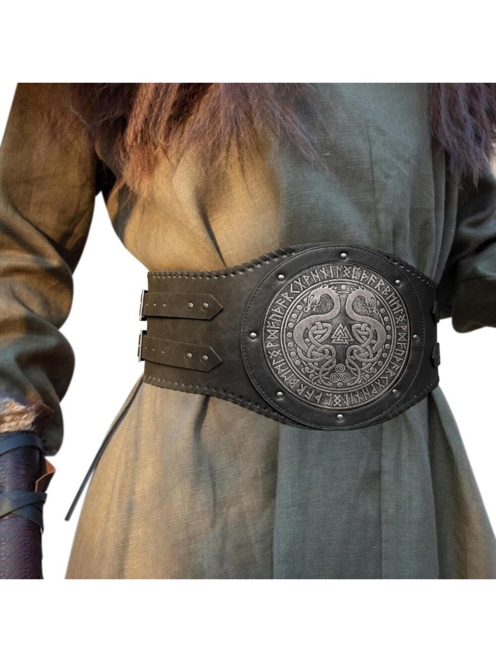 Vintage Norse Double Dragon Waist Armor Belt | Faux Leather Medieval Corset